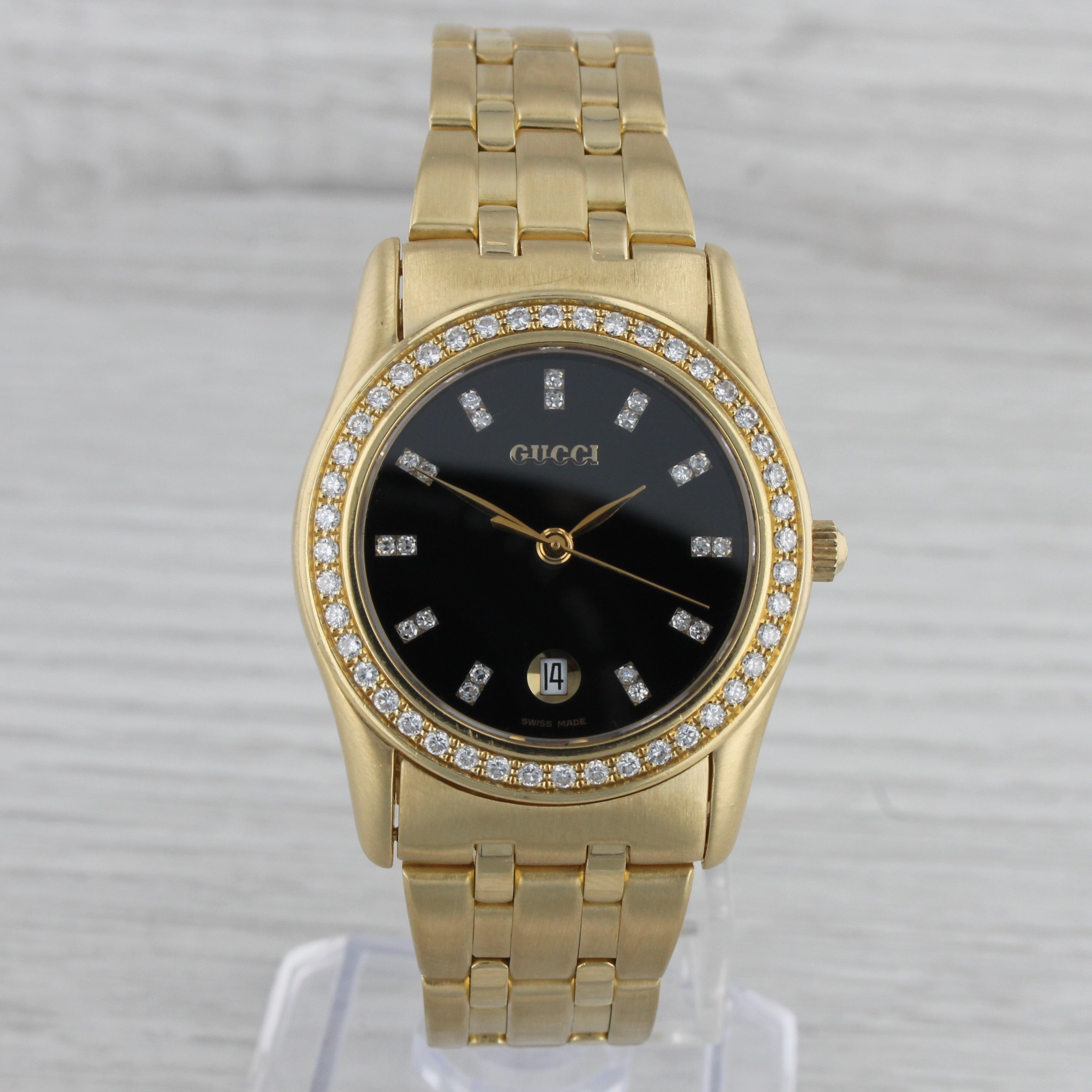 Gray Gucci Solid 18k Yellow Gold 29mm Midsize Quartz Watch Diamond Dial & Bezel w Box