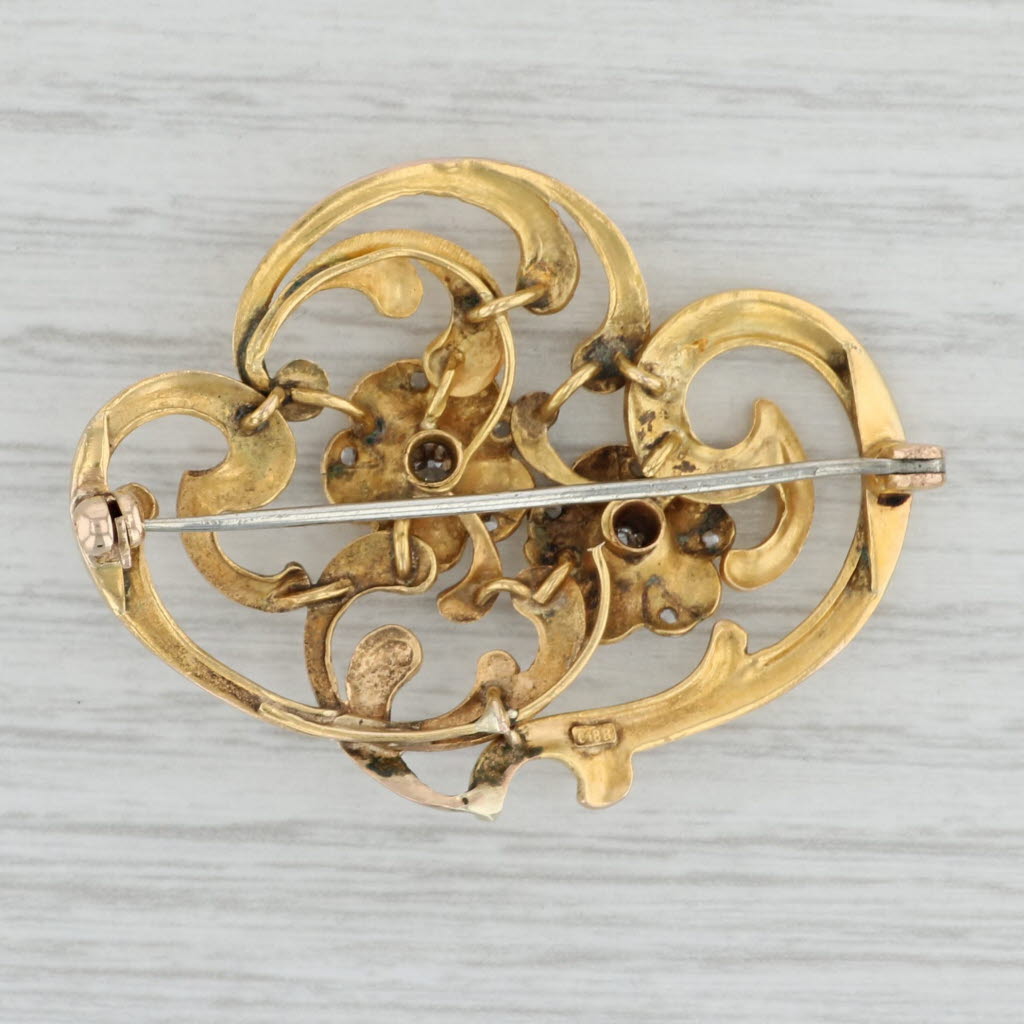 Gray Art Nouveau Antique Flower Brooch 18k Yellow Gold Ornate Floral Pin