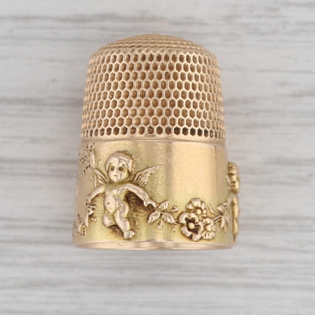 Gray Vintage Simons Bros Cherub Thimble 14k Yellow Gold Letter T Heart Size 8