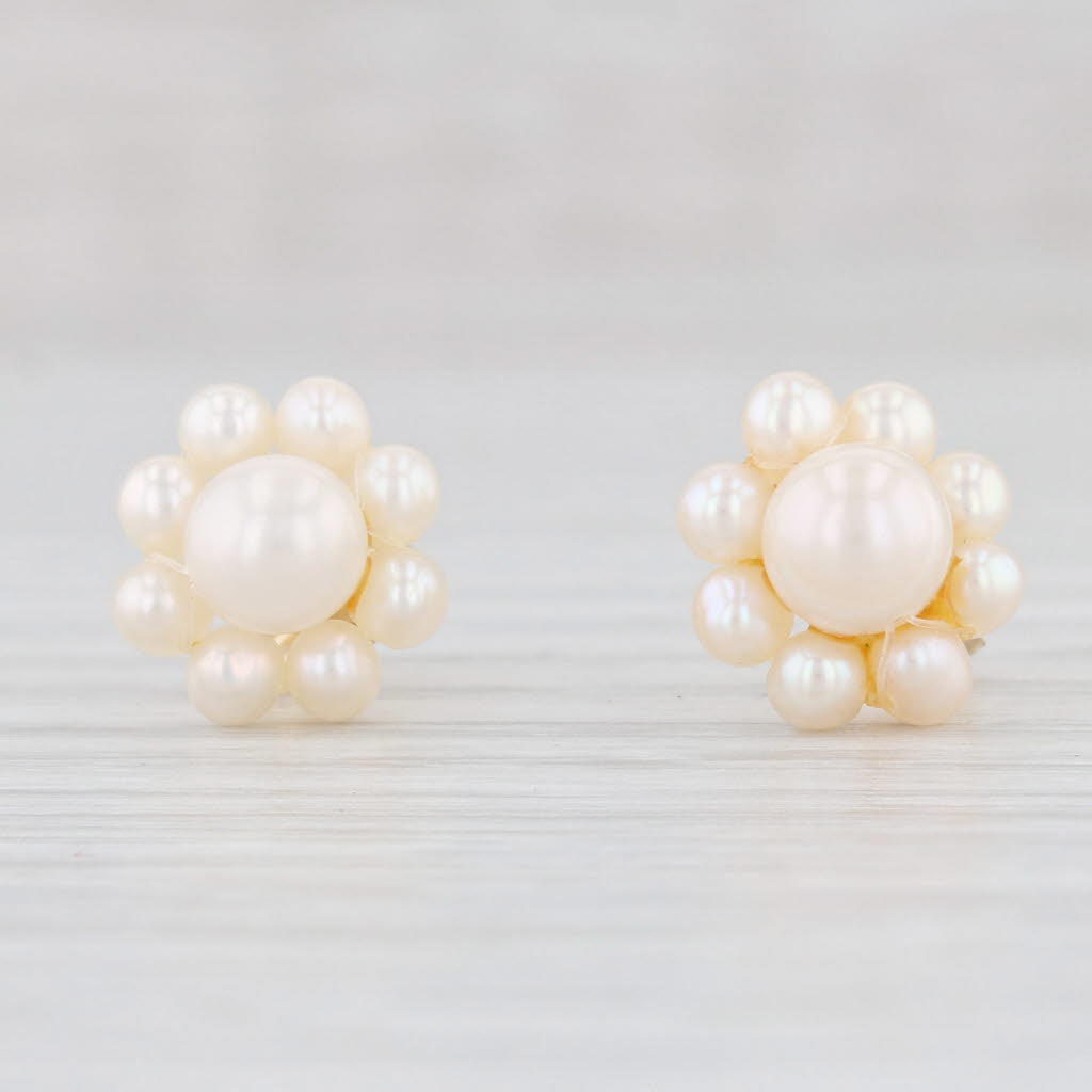 Light Gray Cultured Pearl Halo Stud Earrings 10k Yellow Gold Pierced Studs