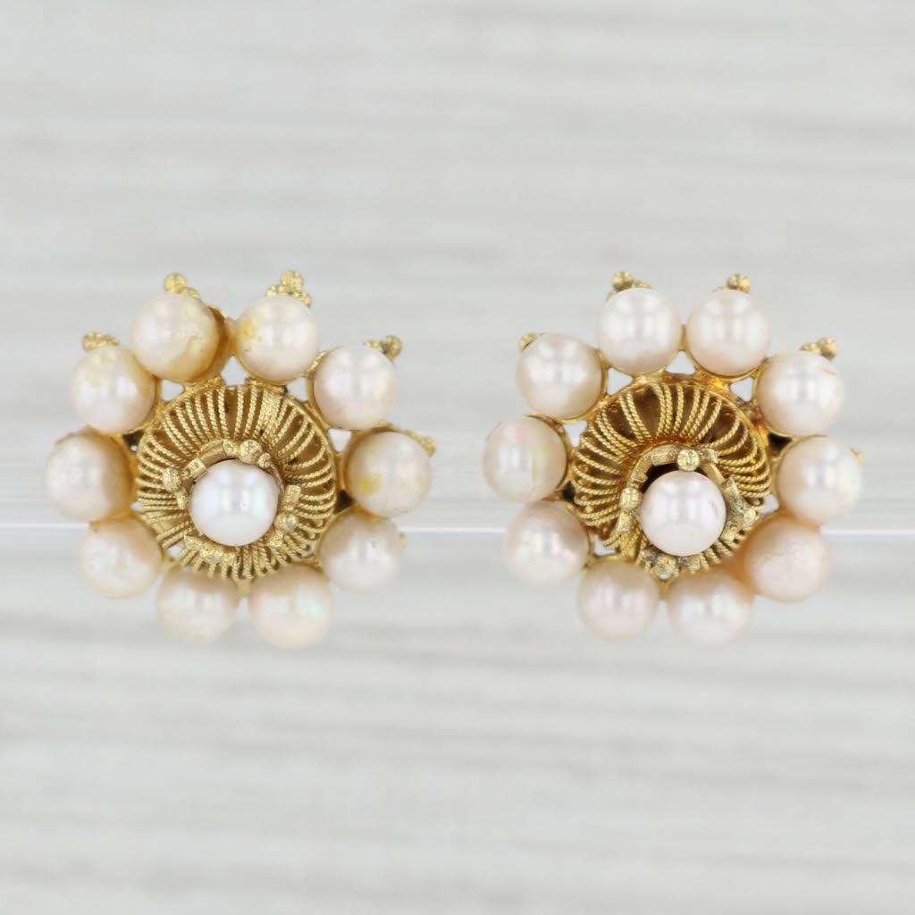 Light Gray Vintage Cultured Pearl Cluster Statement Earrings 10k Yellow Gold