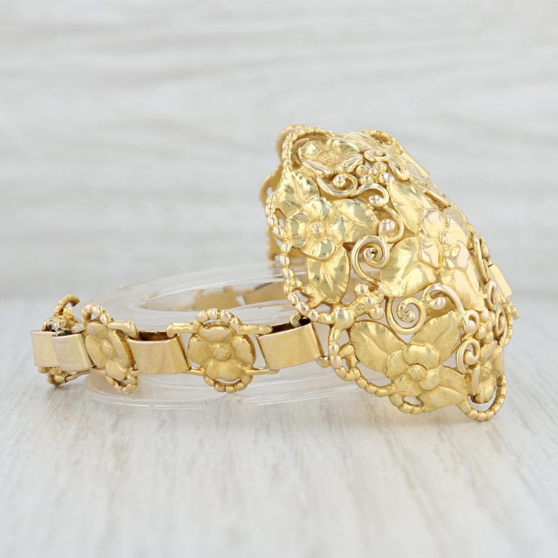 Light Gray Vintage Evald Nielsen Floral Statement Bracelet 14k Yellow Gold 6.5"