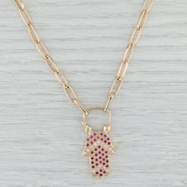 Light Gray 0.70ctw Ruby Diamond Hamsa Hand Pendant Necklace 14k Yellow Gold Paperclip Chain