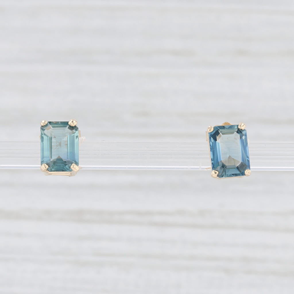 Light Gray New Blue Sapphire Stud Earrings 14k Yellow Gold Emerald Cut Solitaire