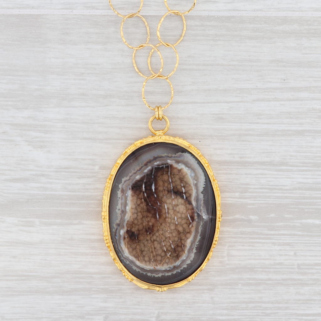 Light Gray New Nina Nguyen Druzy Quartz Agate Pendant Necklace Sterling Silver 22k Gold 21"