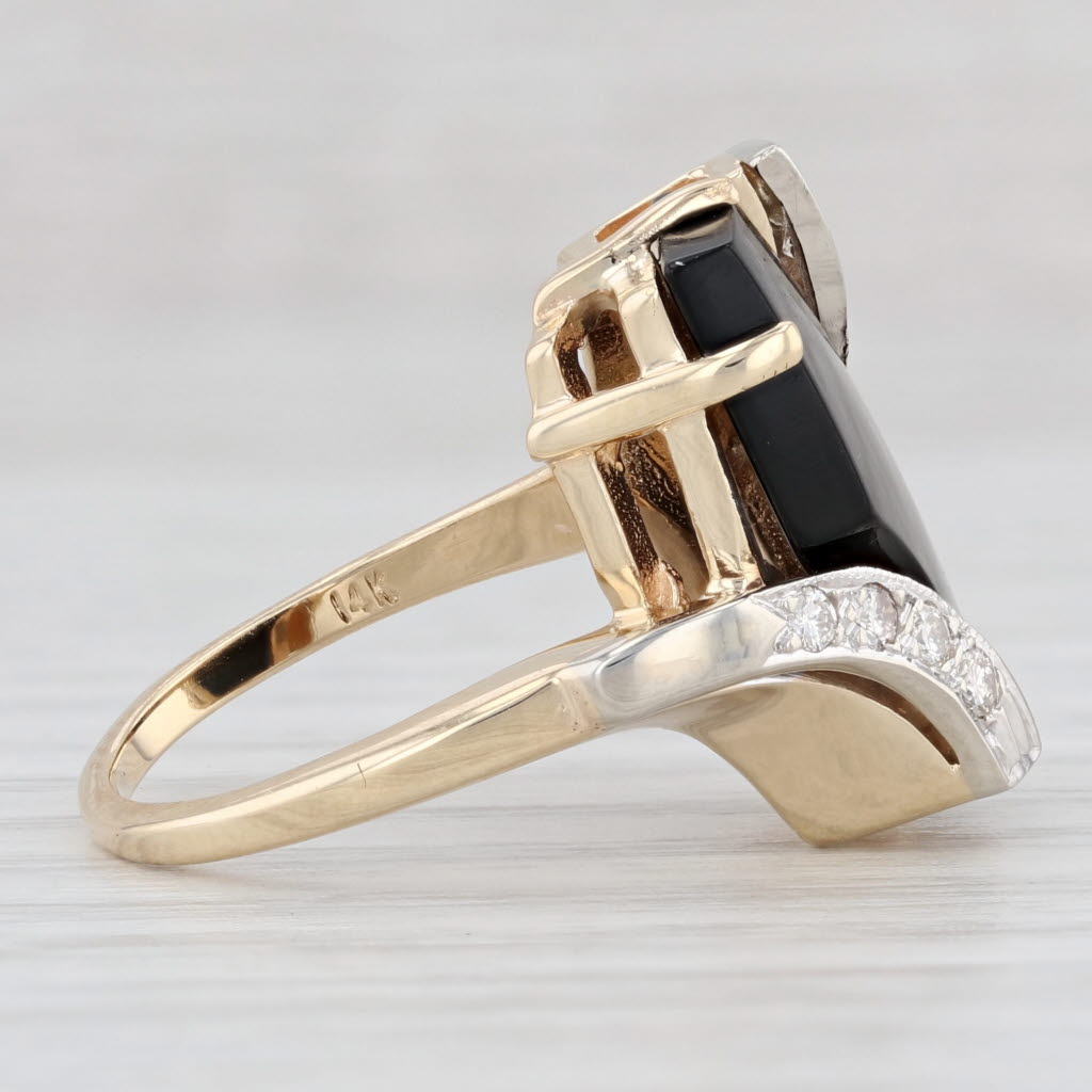 Light Gray Vintage Onyx Diamond Ring 14k Yellow Gold Bypass Size 4.75 Statement