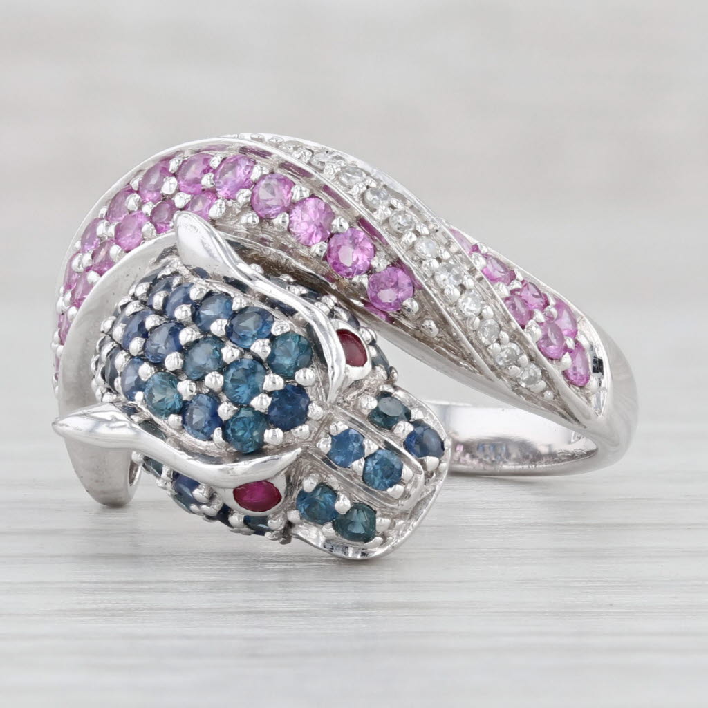 Light Gray 2.33ctw Blue Pink Sapphire Diamond Panther Ring 14k White Gold Size 7.25 Wildcat