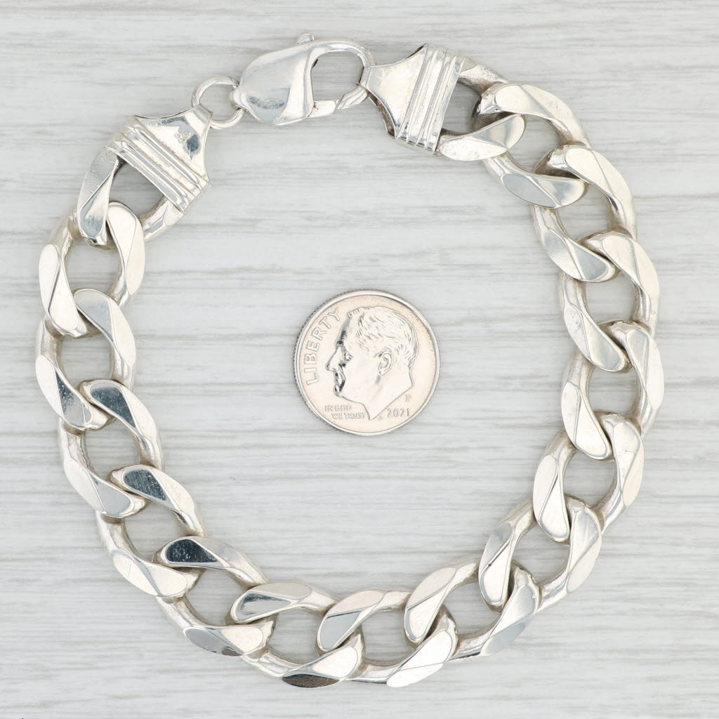 Light Gray Curb Cuban Chain Bracelet Sterling Silver 8.25" 12.4mm Lobster Clasp