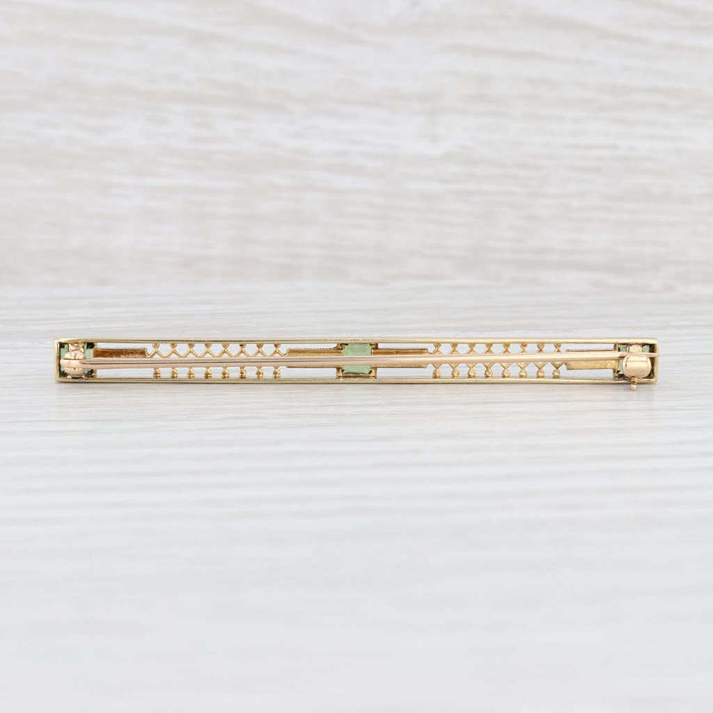 Light Gray Vintage Green Tourmaline Seed Pearl Filigree Bar Pin 14k Yellow Gold Brooch