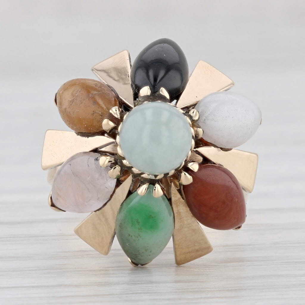 Light Gray Nephrite & Jadeite Jade Flower Ring 14k Yellow Gold Size 6.25 Cocktail Size 6.25