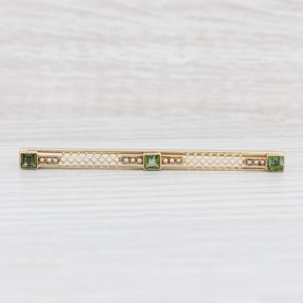 Light Gray Vintage Green Tourmaline Seed Pearl Filigree Bar Pin 14k Yellow Gold Brooch