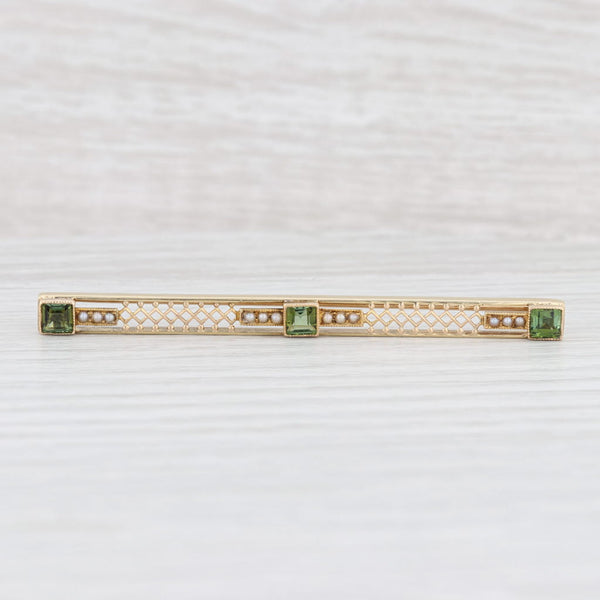 Light Gray Vintage Green Tourmaline Seed Pearl Filigree Bar Pin 14k Yellow Gold Brooch