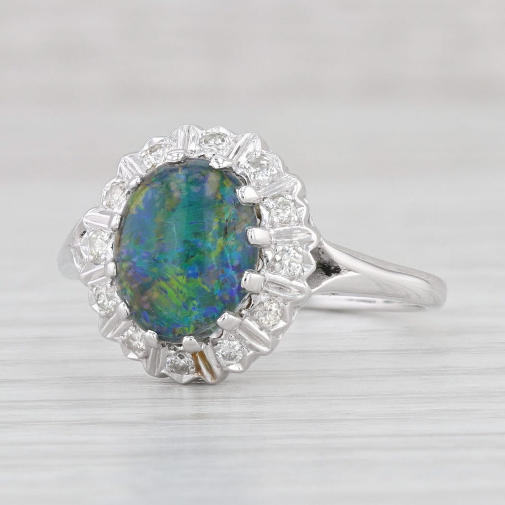 Light Gray Opal Triplet Cabochon Diamond Halo Ring 14k White Gold Size 10