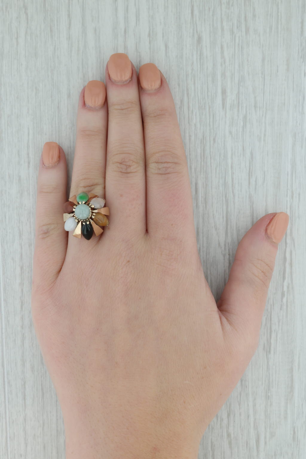 Dark Gray Nephrite & Jadeite Jade Flower Ring 14k Yellow Gold Size 6.25 Cocktail Size 6.25