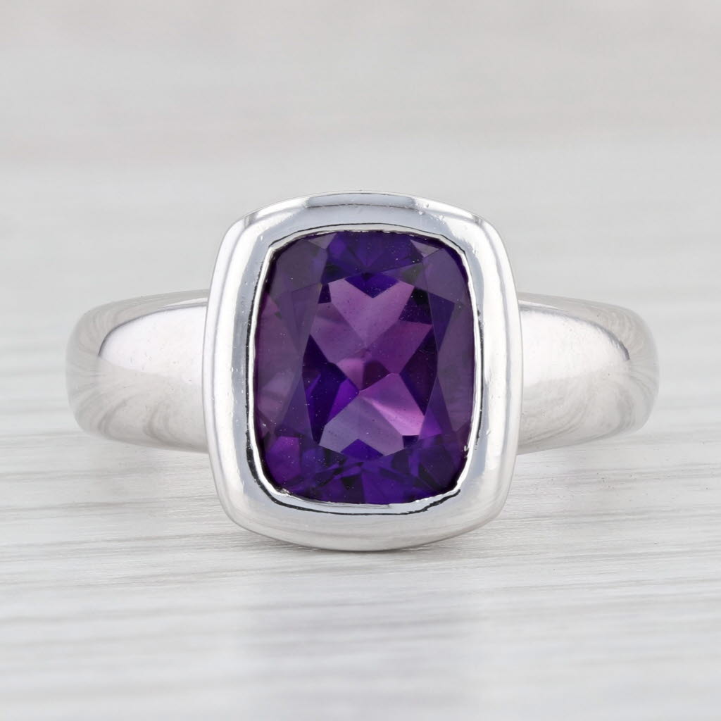 Light Gray 3.15ct Cushion Amethyst Solitaire Ring 14k White Gold Size 7.75