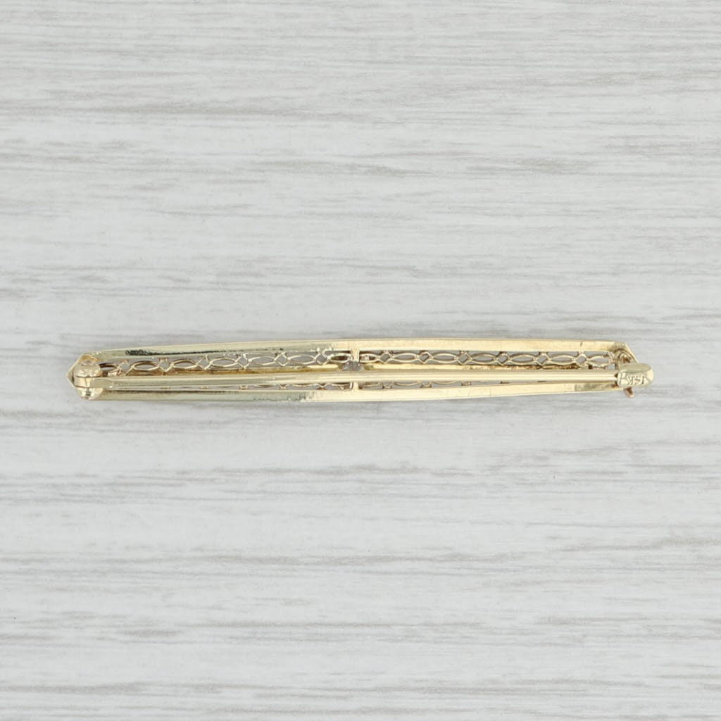 Light Gray Vintage Diamond Filigree Bar Pin 14k Yellow Gold Brooch