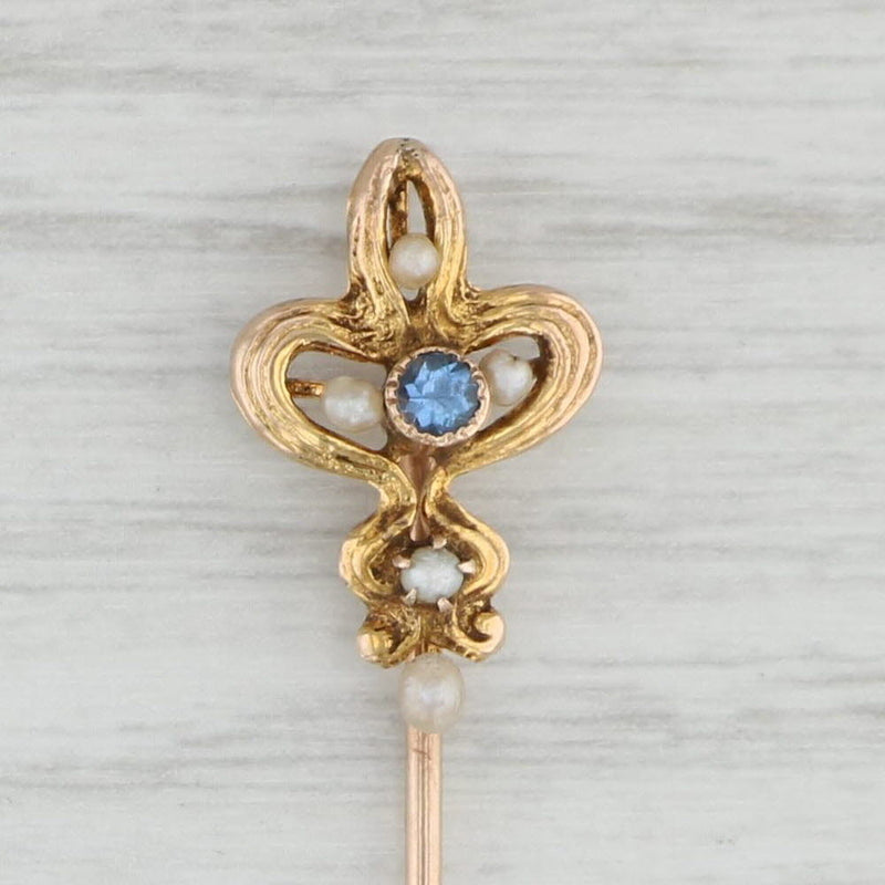 Light Gray Antique Sapphire Pearl Blue Sapphire Stickpin 10k Yellow Gold