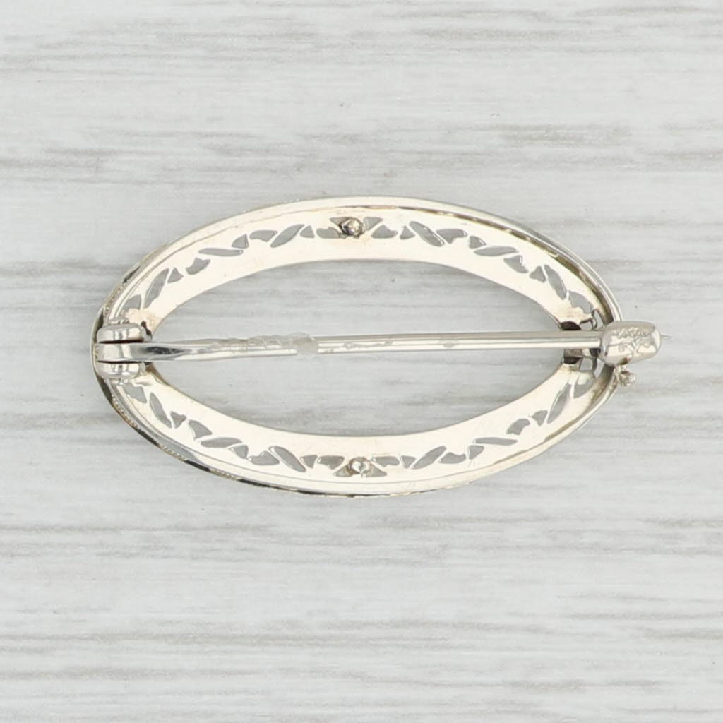 Light Gray Art Deco Seed Pearl Filigree Oval Brooch 14k White Gold Vintage Pin