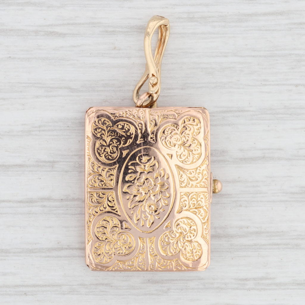 Light Gray Victorian Folding Book Locket Pendant 14k Rose Gold Floral Engravable