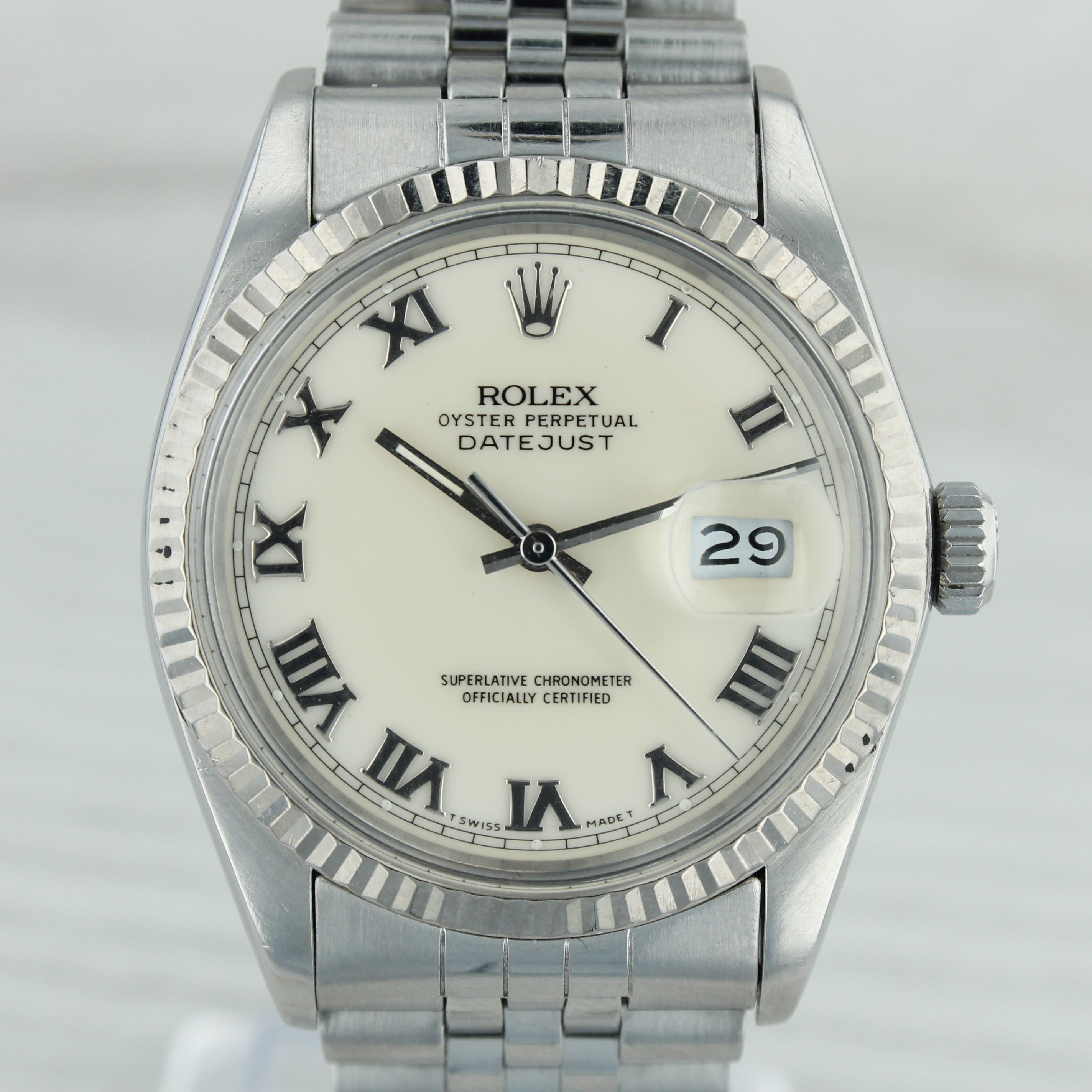 Gray 1986 Rolex Datejust 16014 Mens 36mm Steel Automatic Watch Jubilee Roman Cream