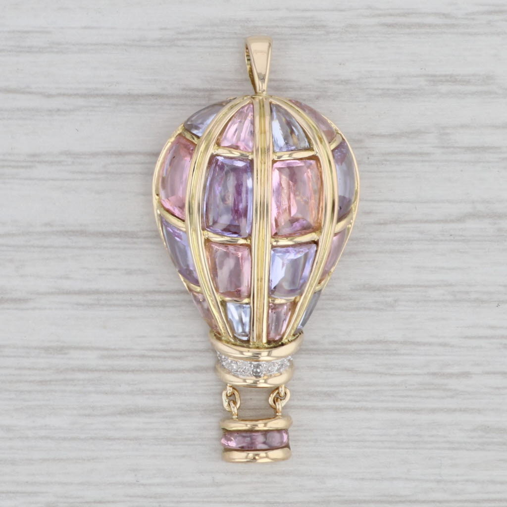 Gray Pastel Cubic Zirconia Hot Air Balloon Pendant Brooch 14k Yellow Gold Pin