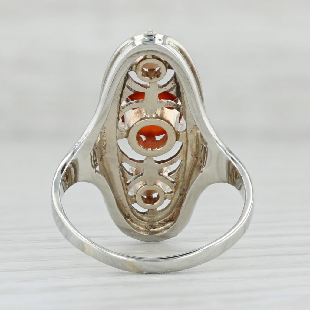 Light Gray Edwardian Cultured Pearl Carnelian Ring 14k White Gold Size 6.75 Antique Floral