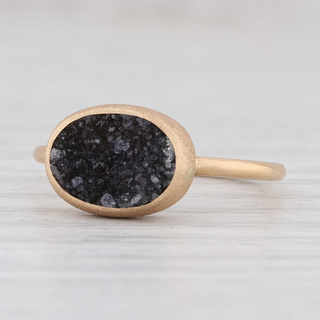 Light Gray New Nina Nguyen Black Druzy Quartz Ring Brushed 18k Yellow Gold Size 7 Solitaire