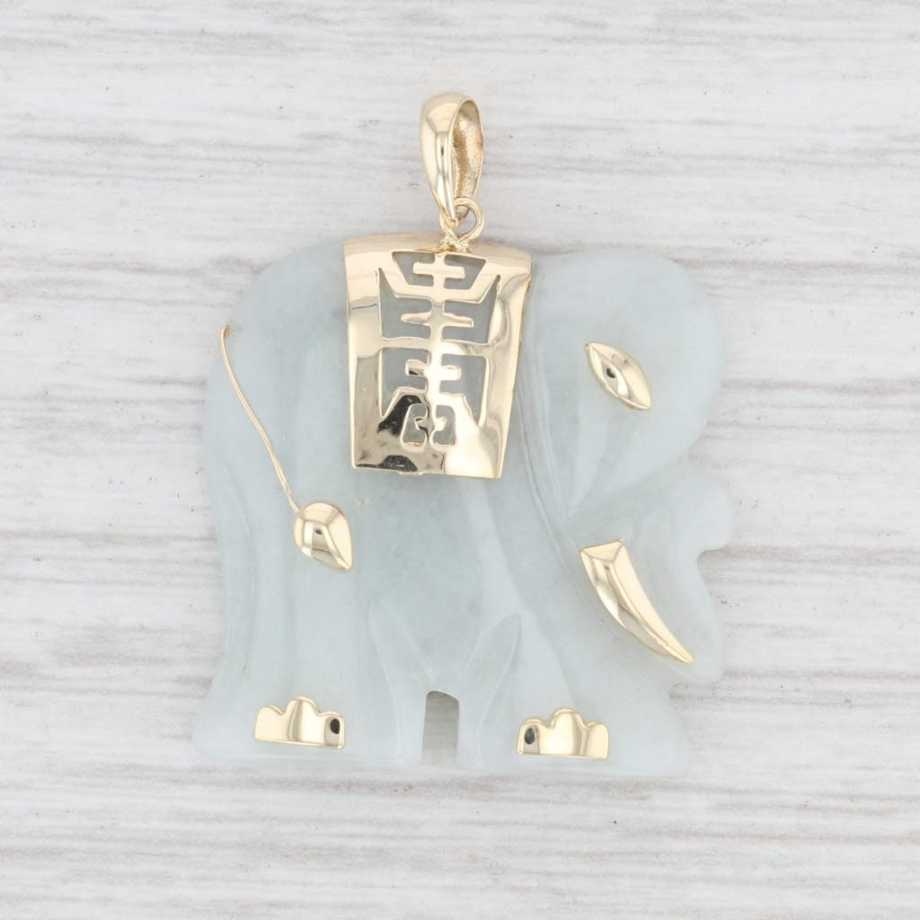 Light Gray Green Jadeite Jade Elephant Pendant Shou Longevity Chinese Character 10k Gold