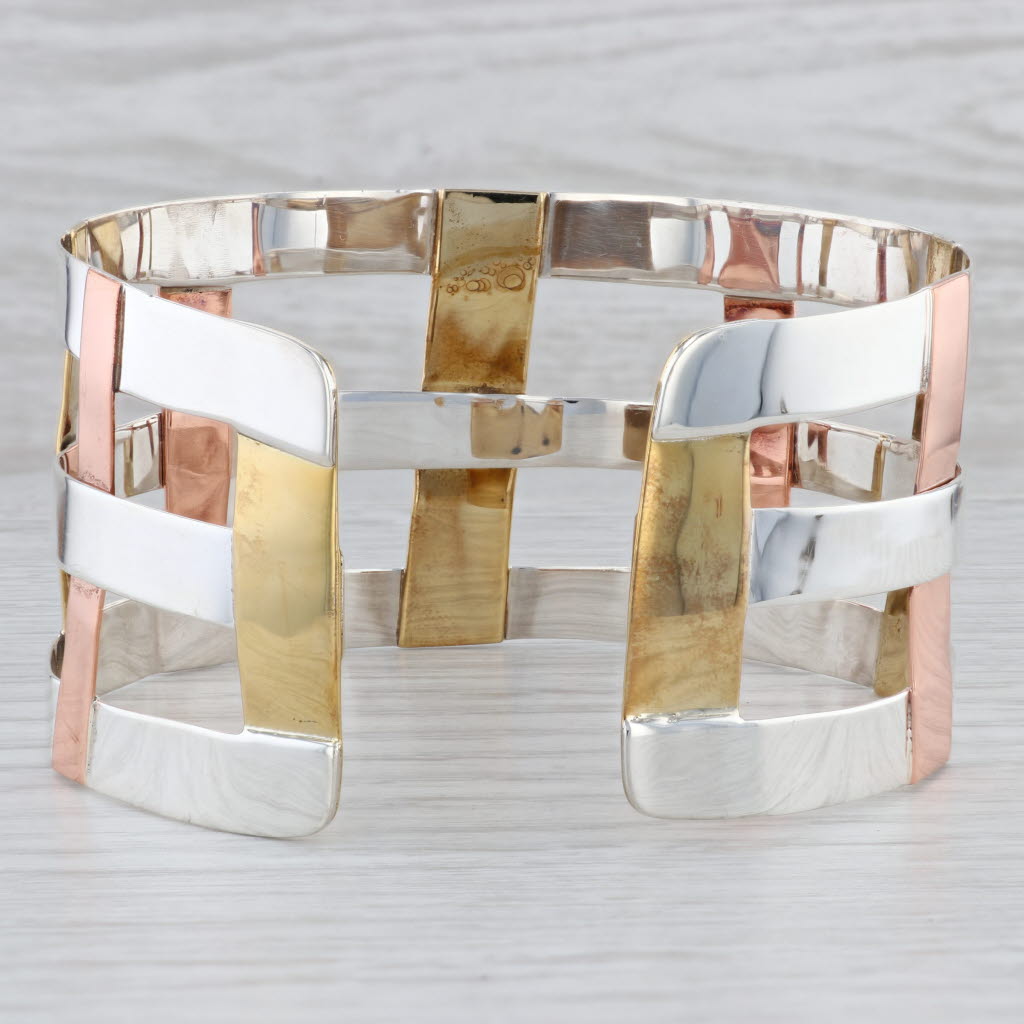 Light Gray Basket Weave Statement Cuff Bracelet Sterling Silver Brass Copper RLM Studios