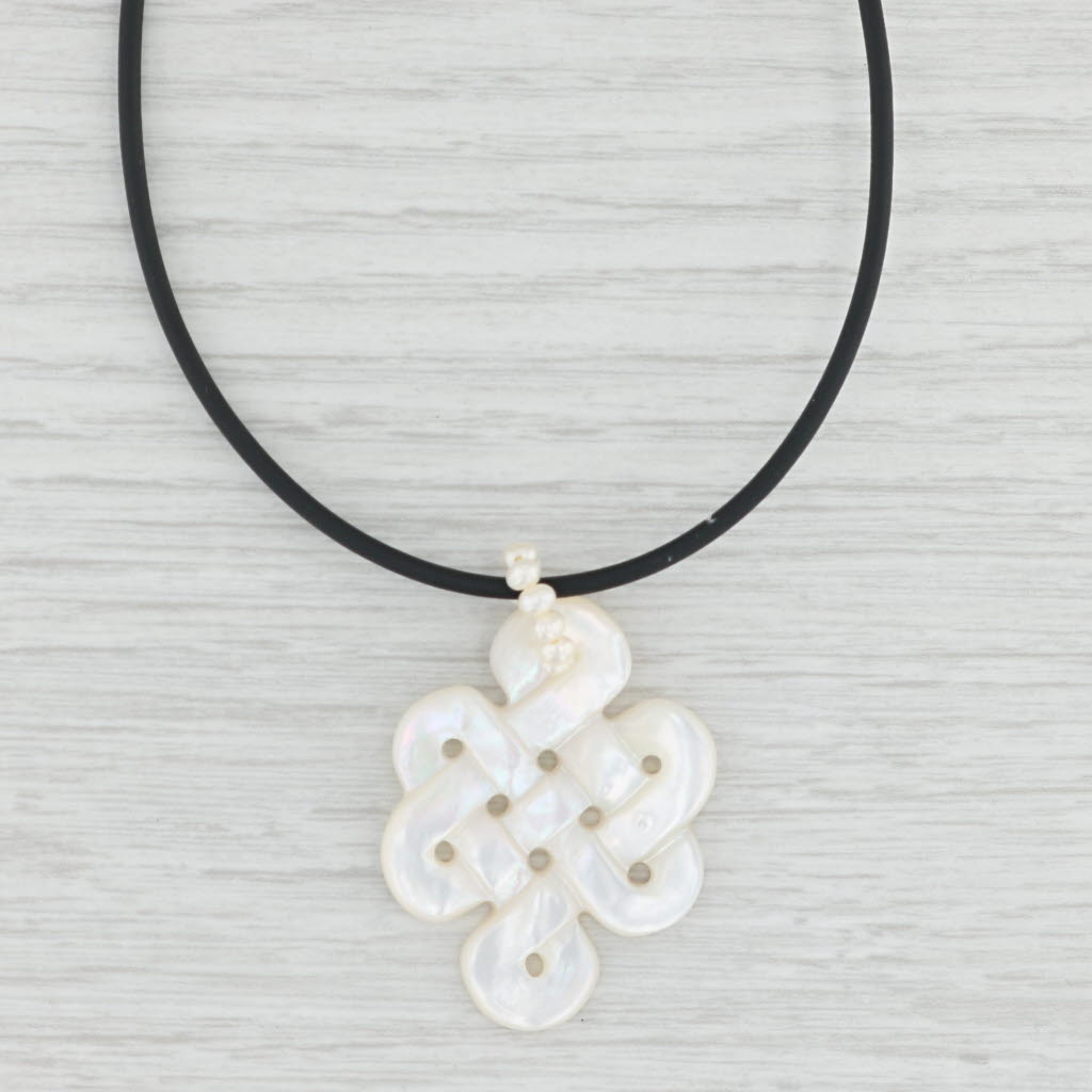 Light Gray Mother of Pearl Celtic Knot Cultured Pearl Pendant 14k Gold Black Cord Necklace