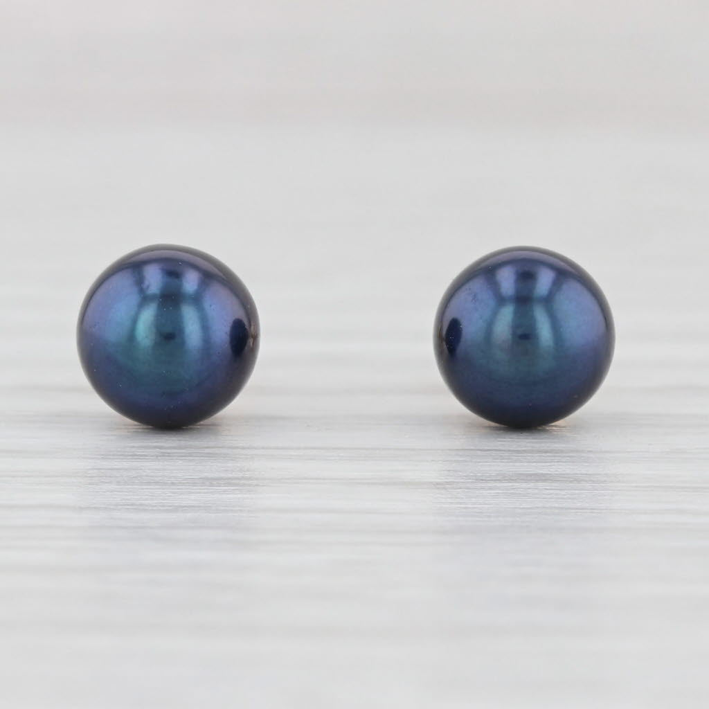 Light Gray Cultured Blue Black Pearl Bead Stud Earrings 14k Yellow Gold