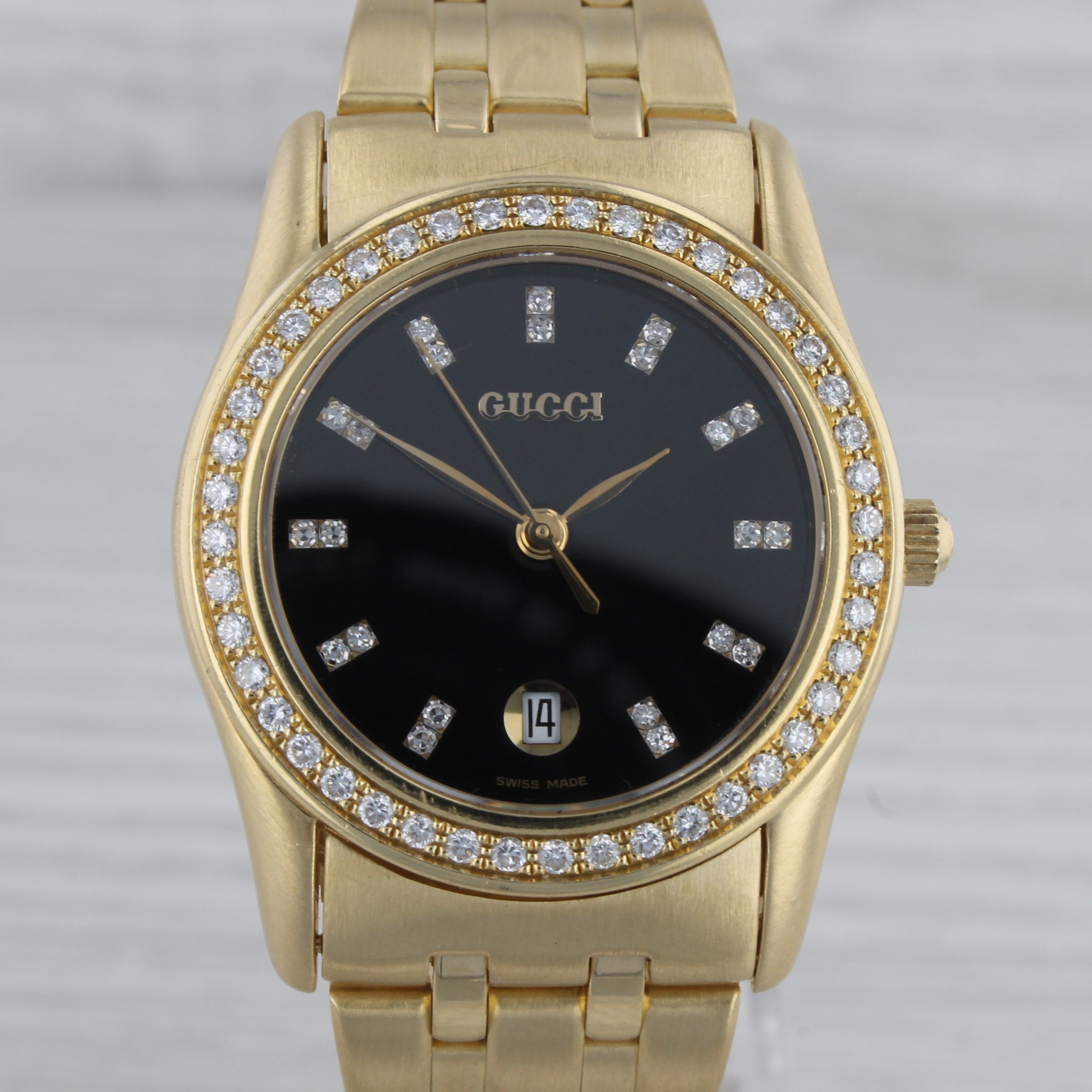 Gray Gucci Solid 18k Yellow Gold 29mm Midsize Quartz Watch Diamond Dial & Bezel w Box