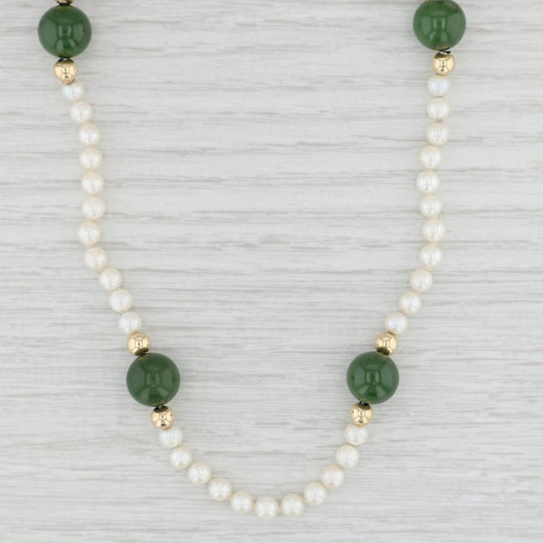 Light Gray Green Nephrite Jade Cultured Pearl Bead Strand Necklace 14k Yellow Gold 26"