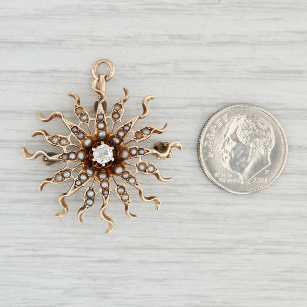 Light Gray Antique Diamond Seed Pearl Sun Brooch 14k Gold Pendant Pin