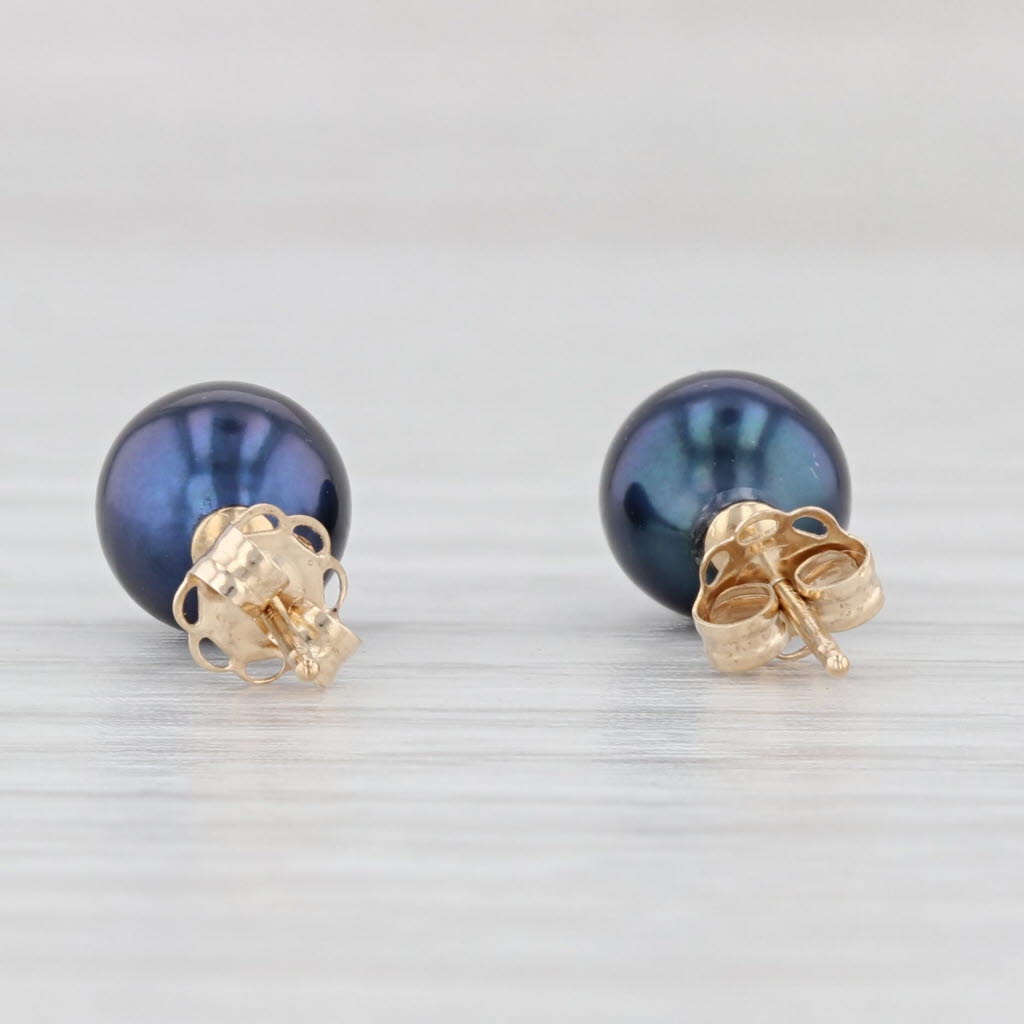 Light Gray Cultured Blue Black Pearl Bead Stud Earrings 14k Yellow Gold