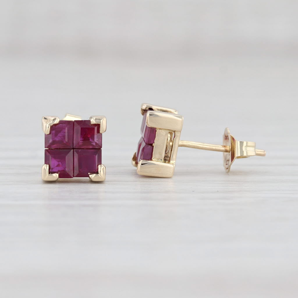 Light Gray 1.76ctw Ruby Square Princess Stud Earrings 14k Yellow Gold July Birthstone