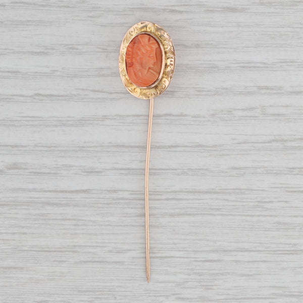 Gray Antique Carved Coral Cameo Stickpin 10k Yellow Gold Pin Ornate Floral