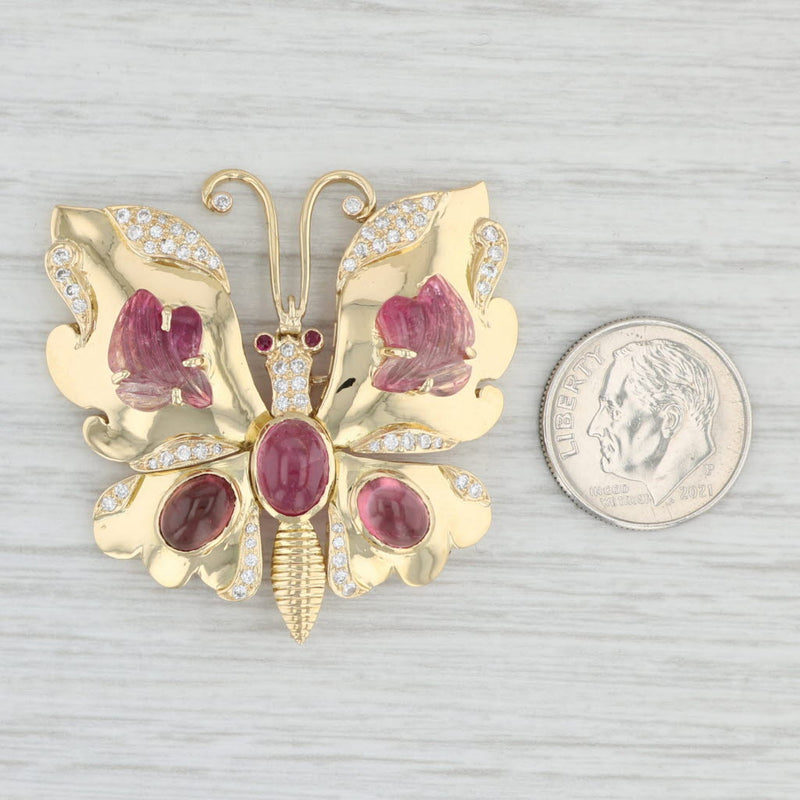 Light Gray Vintage Butterfly Brooch with Moving Wings Tourmaline Ruby Diamond 18k Gold