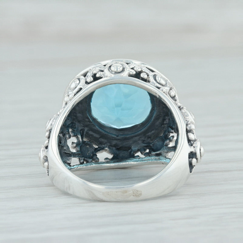 Blue Glass Cocktail Ring Sterling Silver Size 7.5 Simulated Blue Topaz Signet