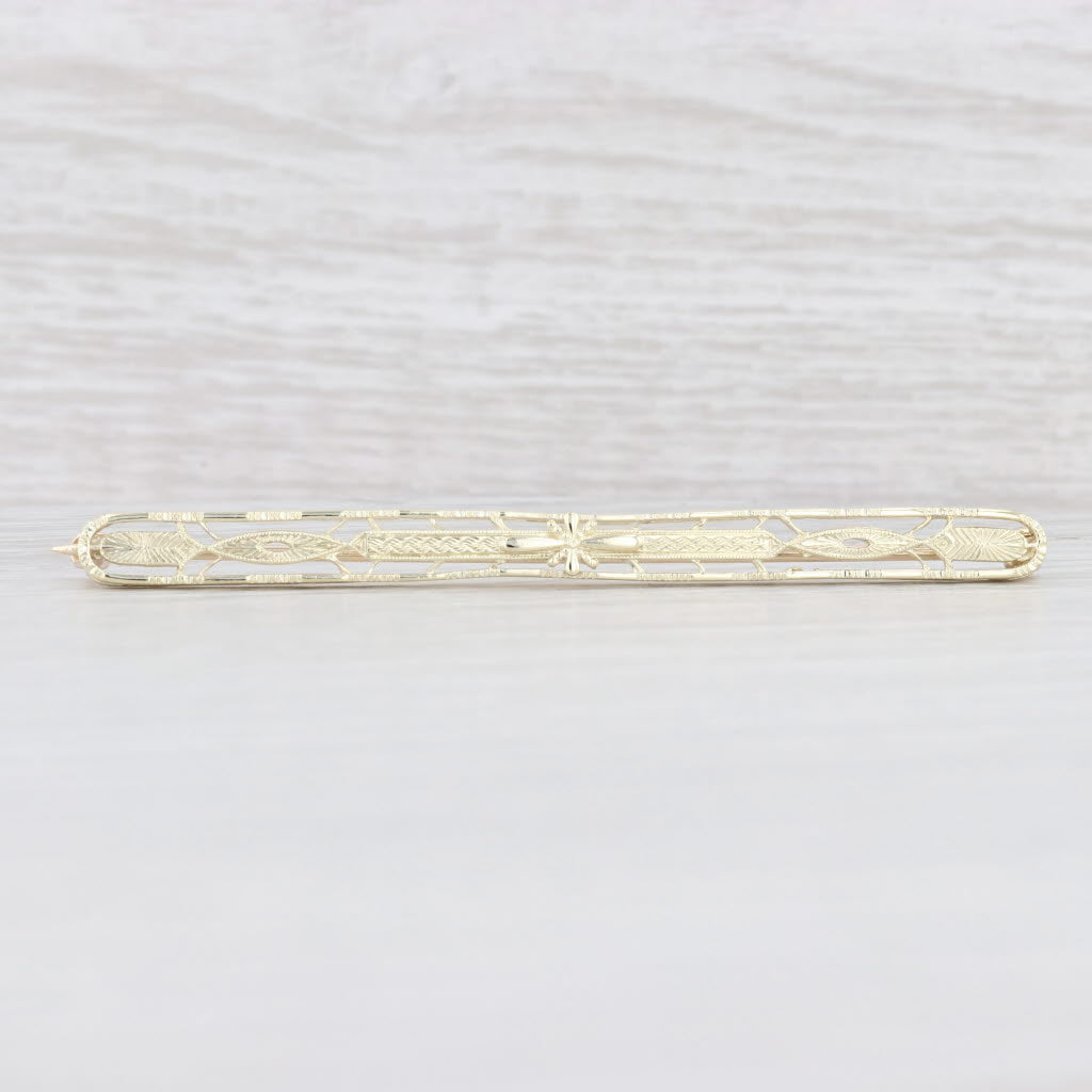 Light Gray Art Deco Filigree Bar Pin 14k Yellow Gold Brooch