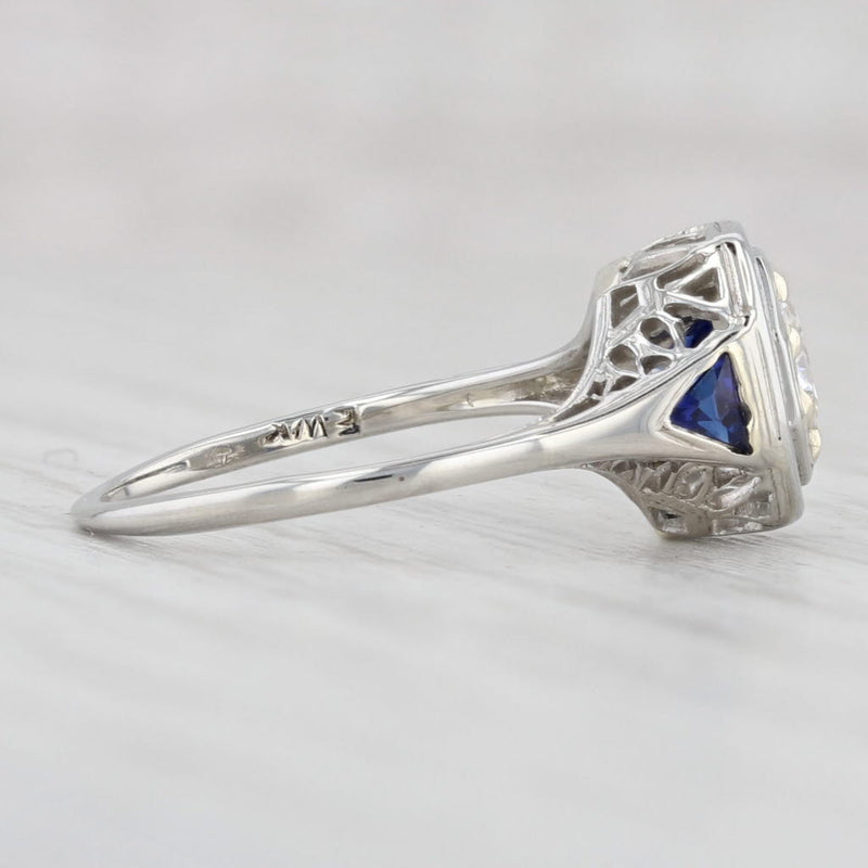 Light Gray Art Deco 0.41ctw Diamond Synthetic Sapphire Ring 18k White Gold Engagement