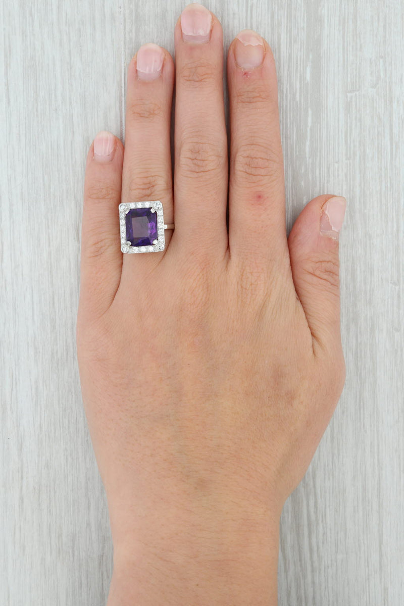 5.4ctw Amethyst Diamond Halo Ring Platinum Size 5 Cocktail February Birthstone