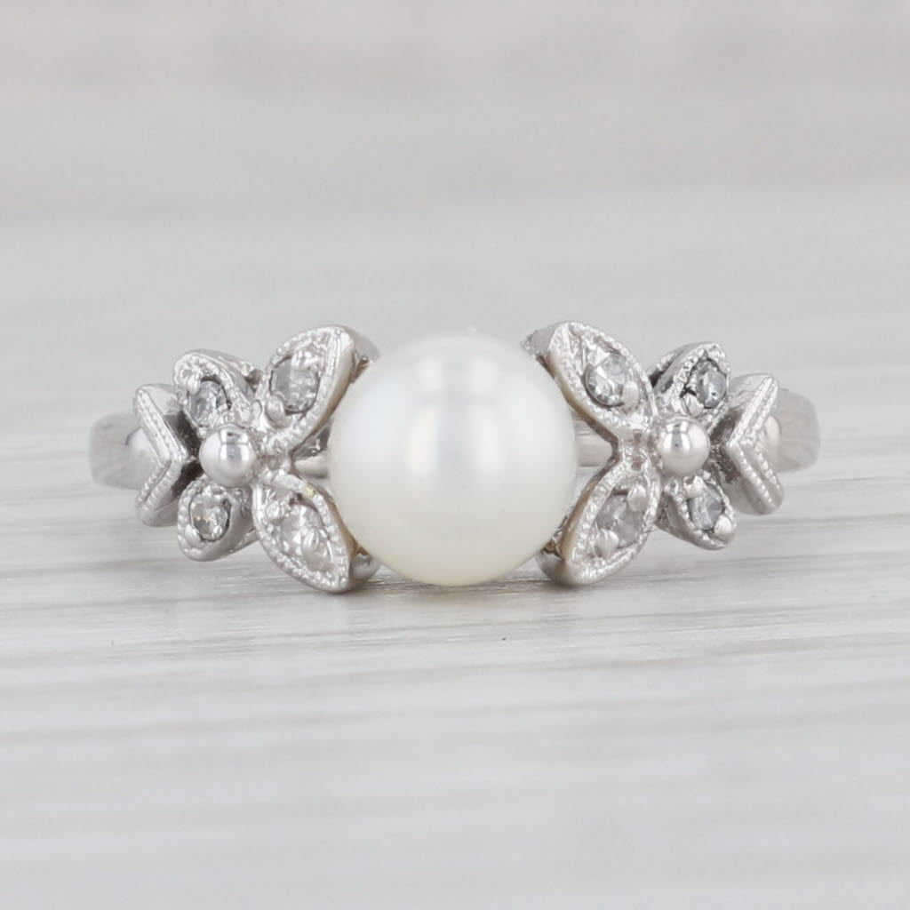 Light Gray Cultured Pearl Diamond Flower Ring 14k White Gold Size 5.5