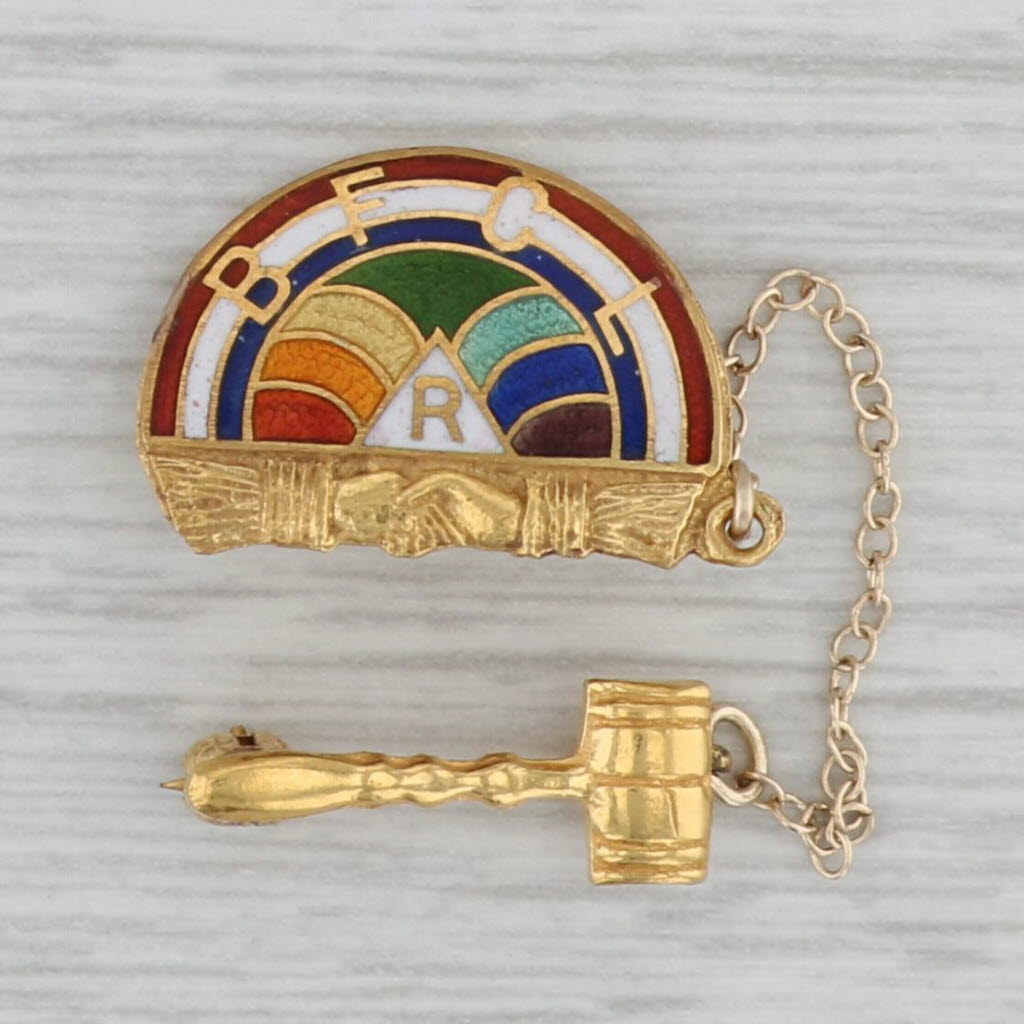 Gray Rainbow Girls Pin w/ Gavel Guard 10k Gold Masonic Youth