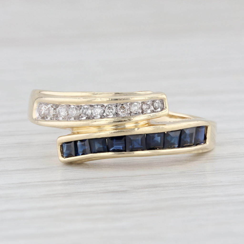 Light Gray 0.79ctw Blue Sapphire Diamond Bypass Ring 14k Yellow Gold Wedding Stackable Band