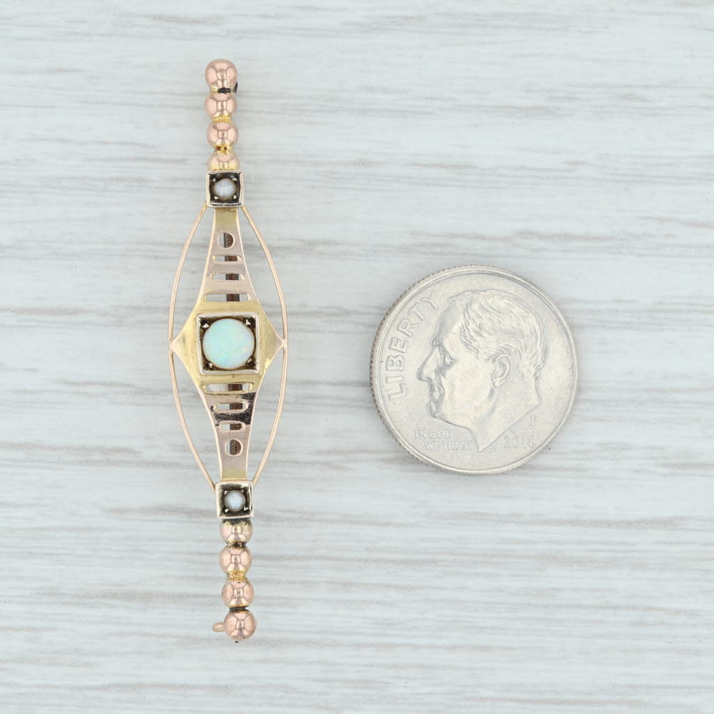 Light Gray Antique Art Nouveau Brooch 10k Yellow Gold Opal Pearls Bar Pin C.1900