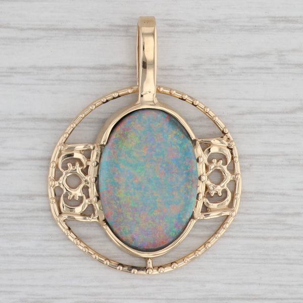 Gray Multi-Color Opal Doublet Solitaire Pendant 18k Yellow Gold Ornate Statement