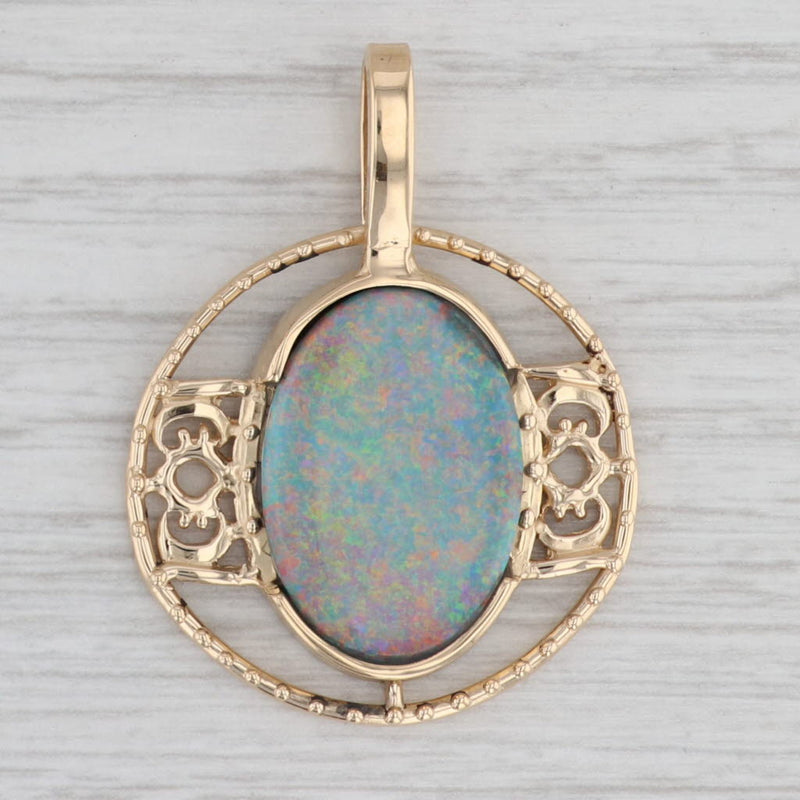 Multi-Color Opal Doublet Solitaire Pendant 18k Yellow Gold Ornate Statement