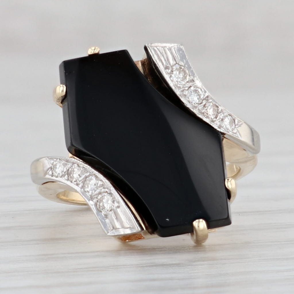 Light Gray Vintage Onyx Diamond Ring 14k Yellow Gold Bypass Size 4.75 Statement