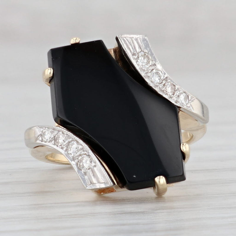 Light Gray Vintage Onyx Diamond Ring 14k Yellow Gold Bypass Size 4.75 Statement